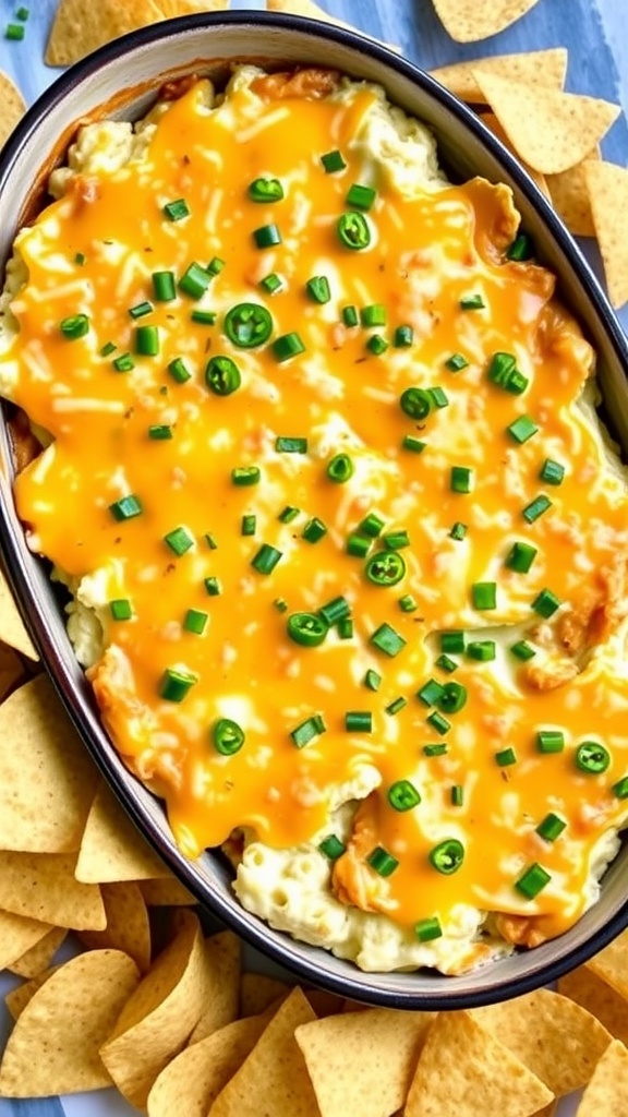 Warm jalapeno artichoke dip in a dish with tortilla chips for dipping, garnished with herbs.